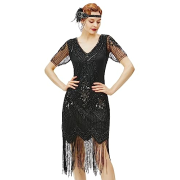 BABEYOND 1920s Art Deco Fringed Sequin Dress - Perfect Flapper Fancy Dress Black