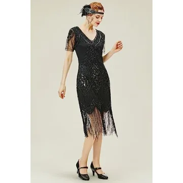 Elegant 1920s Fringed Sequin Dress for Parties