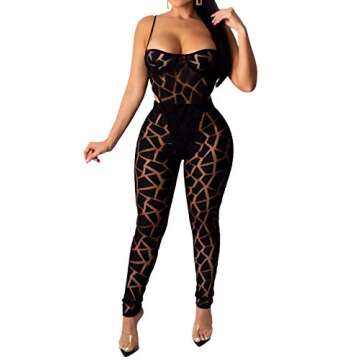 Women Sexy See Through Two Piece Jumpsuits Halter Camisole Bodysuit Sheer Mesh Skinny Pants Club Lon...