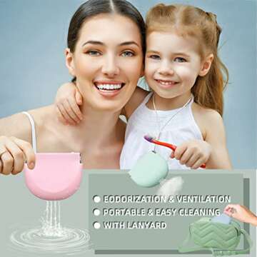 onbuwws Silicone Pink Retainer Case with Lanyard Slim Cute Retainer Holder Dental Thin Container B...