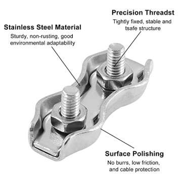Bonsicoky 10Pcs M2 Stainless Steel Duplex Wire Rope Clips, Duplex Double Bolt Cable Clamp for 1/16 Inch Diameter Wire Cable