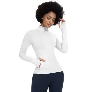 QUEENIEKE Womens Running Jacket Athletic Workout Jackets Track Full Zip Up Gym for Women Yoga Top Nurse Align Slim Fit Sport bbl Scrub Jacket Long Sleeve Sweater White Small