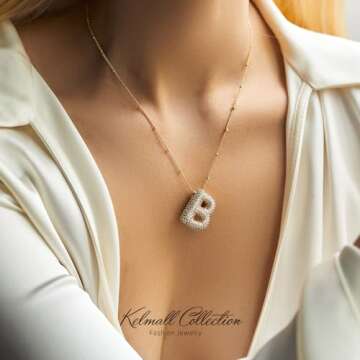 KELMALL Cubic Zirconia Bubble Initial Letter Necklace for Women - Elegant Gold Plated A-Z Alphabet N...
