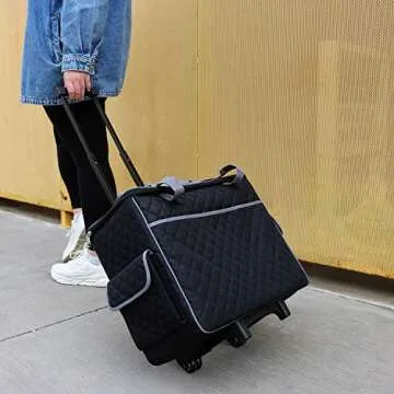 Everything Mary Sewing Machine Rolling Carrying Case, Black Quilted - Trolley Bag with Wheels for Brother, Bernina, Singer & Most Machines - Wheeled Tote Carrier for Notions & Crafts