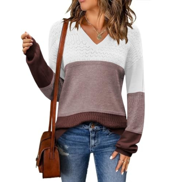 Zeagoo Womens Sweaters Casual Long Sleeve V Neck Lightweight Crochet Pullover Sweater Tops Multicolored Small