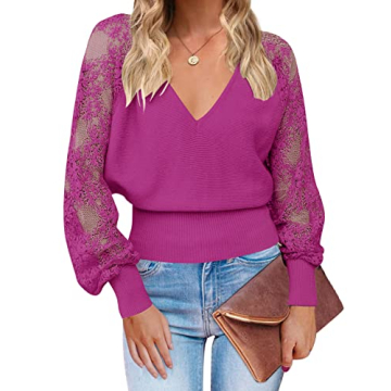 MEROKEETY Women's Elegant V Neck Lace Knit Sweater with Long Sleeves