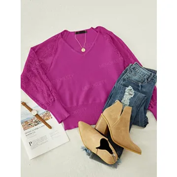 MEROKEETY Lace Knit Sweater - Elegant V Neck Design