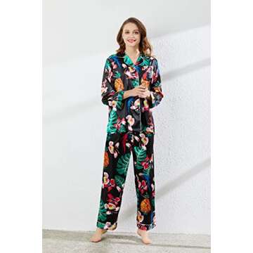 Belle Heure Women’s Silky Satin Long Sleeve Pajamas Button Down Floral Print Short PJ Set Loungewear Sleepwear