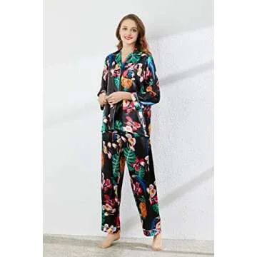 Belle Heure Women’s Silky Satin Long Sleeve Pajamas Button Down Floral Print Short PJ Set Loungewear Sleepwear