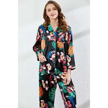 Belle Heure Women’s Silky Satin Long Sleeve Pajamas Button Down Floral Print Short PJ Set Loungewear Sleepwear