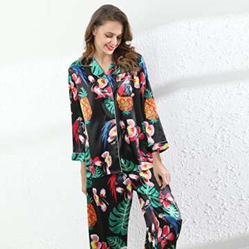 Belle Heure Women’s Silky Satin Long Sleeve Pajamas Button Down Floral Print Short PJ Set Loungewear Sleepwear