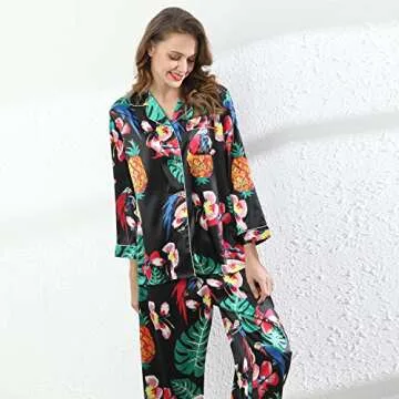 Belle Heure Women’s Silky Satin Long Sleeve Pajamas Button Down Floral Print Short PJ Set Loungewear Sleepwear
