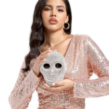 Boutique De FGG Skull Silver Crystal Clutch Purse – Mini Evening Bag for Women