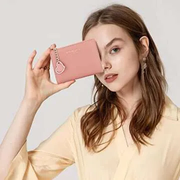 Sunwel Fashion Small Wallet with Heart Pendant Bifold Wallet Zipper Pocket Cash Card Holder Coin Purse for Women Girls (PINK)