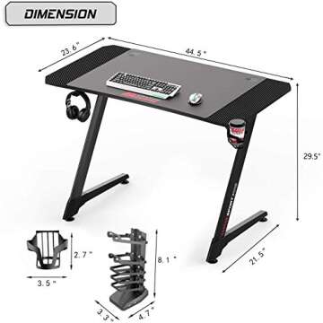 Vitesse Gaming Desk Racing Style Computer Desk with Free Mouse pad, Z-Shapped Professional Gamer Game Station with USB Gaming Handle Rack, Cup Holder & Headphone Hook (Carbon Fiber Black, 44 inch)