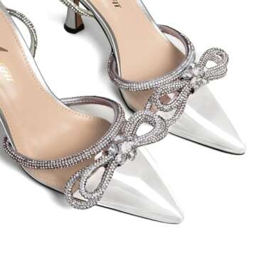 Athlefit Women's Rhinestone Bow Heels Ankle Strap Pointed Toe Stiletto Heeled Sandals Wedding Bridal Dress Pumps Shoes Transparent Size 10