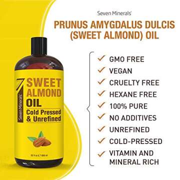 Seven Minerals, Pure Cold Pressed Sweet Almond Oil - Big 32 fl oz Bottle - Unrefined &100% Natural - For Skin & Hair, with No Added Ingredients - Perfect Carrier Oil for Essential Oils