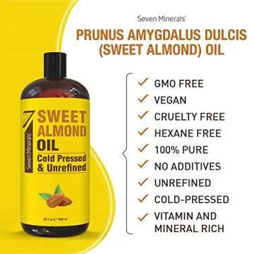 Seven Minerals, Pure Cold Pressed Sweet Almond Oil - Big 32 fl oz Bottle - Unrefined &100% Natural - For Skin & Hair, with No Added Ingredients - Perfect Carrier Oil for Essential Oils
