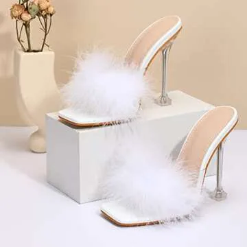 azmodo Women Rabbit White Fur Clear PVC Slippers Square Toe Stilettos Slides Transparent Crystal High Heels Sandals Mules Party Shoes Glass Heels (White, 7.5)