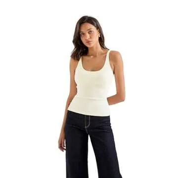 SUUKSESS Women Padded Cotton Ribbed Tank Tops Summer Going Out Basic Scoop Neck Cami Tops Sleeveless Casual Shirts (White, M)