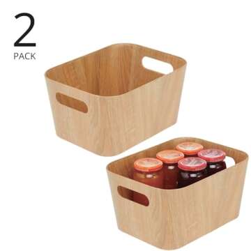 mDesign Wood Print Food Bin Box with Handles - Rustic Basket for Kitchen and Pantry Vegetable and Potato Storage - Perfect for Garlic, Onions, Fruit, and More - 12" Long - 2 Pack - Natural