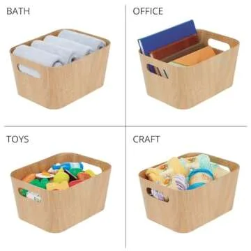 mDesign Wood Print Food Bin Box with Handles - Rustic Basket for Kitchen and Pantry Vegetable and Potato Storage - Perfect for Garlic, Onions, Fruit, and More - 12" Long - 2 Pack - Natural