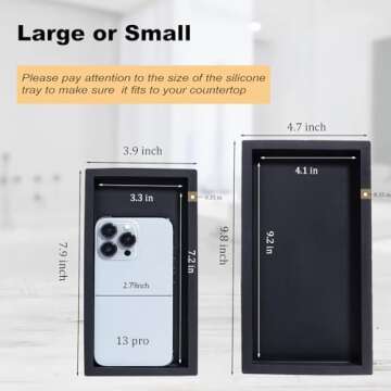 Small Silicone Bathroom Vanity Tray Rectangle Soap and Sponge Holder Kitchen Sink Organizer for Scrubber, Lotion Bottles, Perfume, Jewelry, Candle, Key Trinket Ring, Black