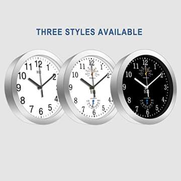 HITO 10 Inch Silent Wall Clock Battery Operated Non Ticking Glass Cover Silver Aluminum Frame, for Kitchen, Bedroom, Home Office, Living Room Decor (Black)
