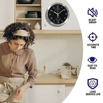 HITO 10 Inch Silent Wall Clock Battery Operated Non Ticking Glass Cover Silver Aluminum Frame, for Kitchen, Bedroom, Home Office, Living Room Decor (Black)