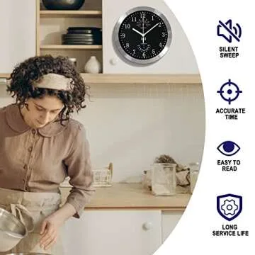 HITO 10 Inch Silent Wall Clock Battery Operated Non Ticking Glass Cover Silver Aluminum Frame, for Kitchen, Bedroom, Home Office, Living Room Decor (Black)