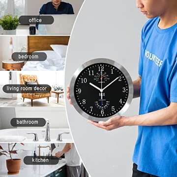 HITO 10 Inch Silent Wall Clock Battery Operated Non Ticking Glass Cover Silver Aluminum Frame, for Kitchen, Bedroom, Home Office, Living Room Decor (Black)