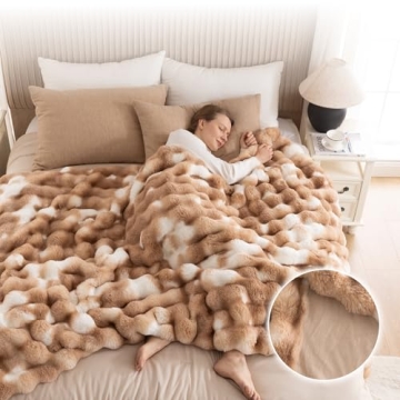 IKALIFE Cozy Faux Fur Throw Blanket for Bed Warm Fuzzy Throw Blanket, Soft Plush Thick Bubble Blanke...