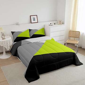 Erosebridal Lime Green Black Grey Bedding Set Geometric Triangle Comforter Set Queen Patchwork Geome...