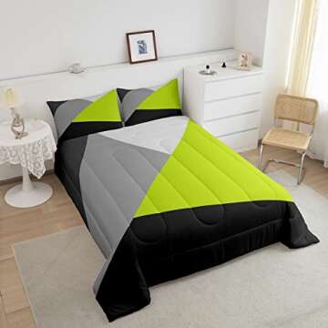 Erosebridal Lime Green Black Grey Bedding Set Geometric Triangle Comforter Set Queen Patchwork Geometry Down Comforter for Kids Teen Adults Modern Abstract Quilt Duvet Insert with 2 Pillow Cases
