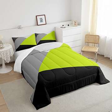 Erosebridal Lime Green Black Grey Bedding Set Geometric Triangle Comforter Set Queen Patchwork Geometry Down Comforter for Kids Teen Adults Modern Abstract Quilt Duvet Insert with 2 Pillow Cases