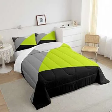 Erosebridal Lime Green Black Grey Bedding Set Geometric Triangle Comforter Set Queen Patchwork Geometry Down Comforter for Kids Teen Adults Modern Abstract Quilt Duvet Insert with 2 Pillow Cases