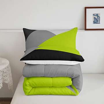 Erosebridal Lime Green Black Grey Bedding Set Geometric Triangle Comforter Set Queen Patchwork Geometry Down Comforter for Kids Teen Adults Modern Abstract Quilt Duvet Insert with 2 Pillow Cases
