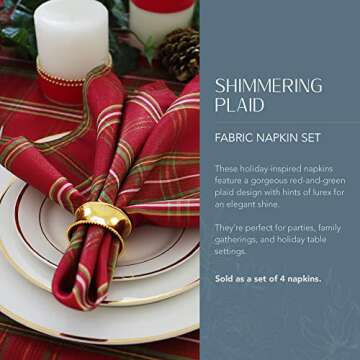 Elrene Home Fashions Shimmering Plaid Holiday Cloth Napkins, Set of 4, 17 Inches x 17 Inches, Red