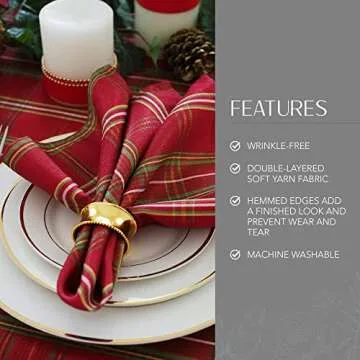 Elrene Home Fashions Shimmering Plaid Holiday Cloth Napkins, Set of 4, 17 Inches x 17 Inches, Red