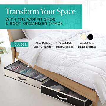 Woffit Under Bed Shoe Storage Organizer – Fits 16 Pairs of Shoes & 4 Pairs of Boots in Sturdy Box ...