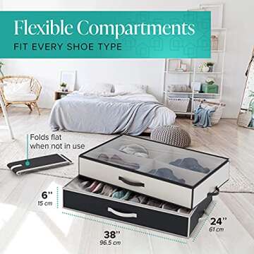 Woffit Under Bed Shoe Storage Organizer – Fits 16 Pairs of Shoes & 4 Pairs of Boots in Sturdy Box w/Strong Zipper & Handles – Underbed Organizers for Kids & Adults