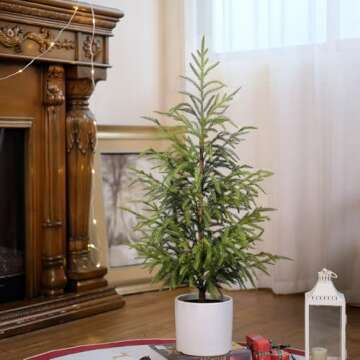 36" Artificial Norfolk Pine Tree with Pot Green Faux Christmas Tree for Front Porch Indoor Outdoor O...