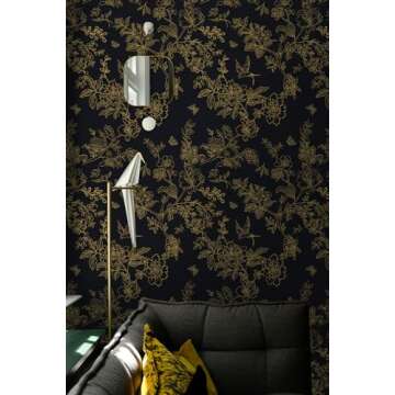 Froluya 118"x17.7" Black and Gold Vintage Floral Wallpaper Peel and Stick Wallpaper Removable Contact Paper Self Adhesive Peel and Stick Wallpaper Wall Paper for Bedroom Cabinets Shelf Liner Vinyl