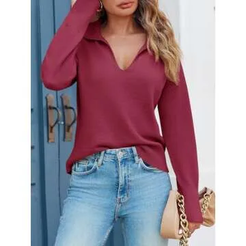 Saodimallsu Womens V Neck Sweaters Collared Fall Ribbed Knit Trendy Loose Casual Slit Long Sleeve Pullover Tops