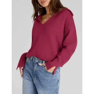 Saodimallsu Womens V Neck Sweaters Collared Fall Ribbed Knit Trendy Loose Casual Slit Long Sleeve Pullover Tops