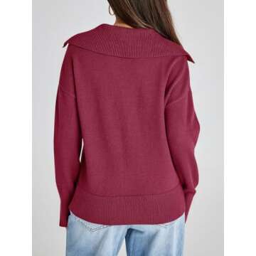 Saodimallsu Womens V Neck Sweaters Collared Fall Ribbed Knit Trendy Loose Casual Slit Long Sleeve Pullover Tops