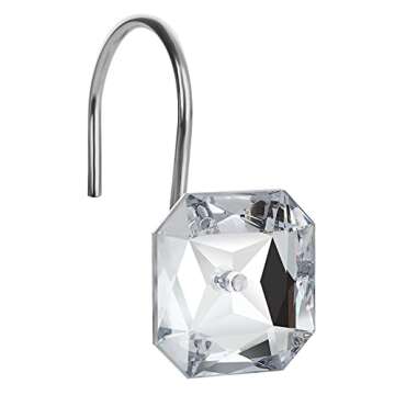 Shower Curtain Hooks, BEAVOING 12 PCS Anti Rust Square Crystal Rhinestones Decorative Shower Hooks Rings for Bathroom Shower Curtains Rods (Clear)