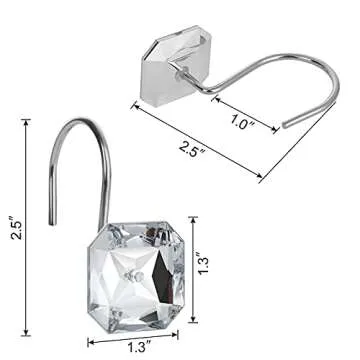 Shower Curtain Hooks, BEAVOING 12 PCS Anti Rust Square Crystal Rhinestones Decorative Shower Hooks Rings for Bathroom Shower Curtains Rods (Clear)