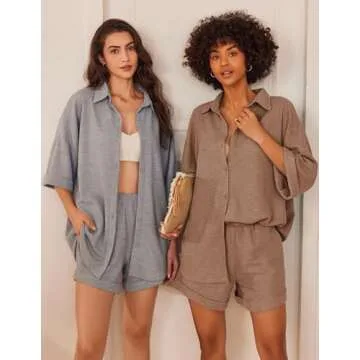 Ekouaer Waffle Knit Lounge Sets for Women Short Sleeve Pajamas Button Down Pjs Oversized Loungewear Shorts Set Brown
