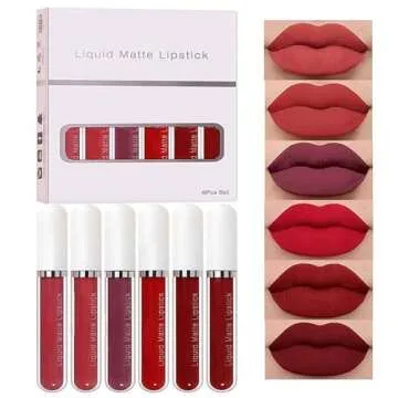 evpct CmaaDu 6Pcs Lipstick Matte Liquid Lipstick Lipgloss Set for Women, Dark Deep Bright Ruby Sexy Brick Red Mauve labiales mate 24 horas originales matte larga duracion 24 Hour Lipstick Long Lasting